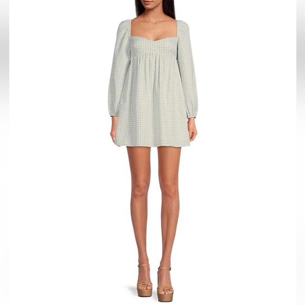 Gianni Bini Kennedy Gingham Long Sleeve Sweetheart Neck Babydoll Dress